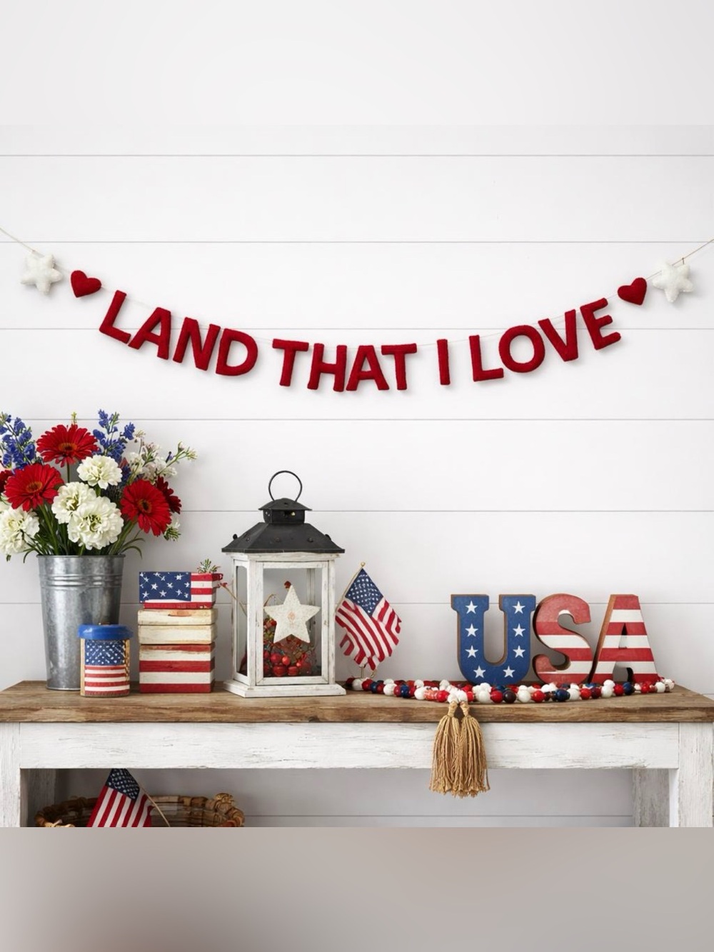 Land That I Love Felt Garland Banner Patriotic Decor 4th July USA Red White Blue